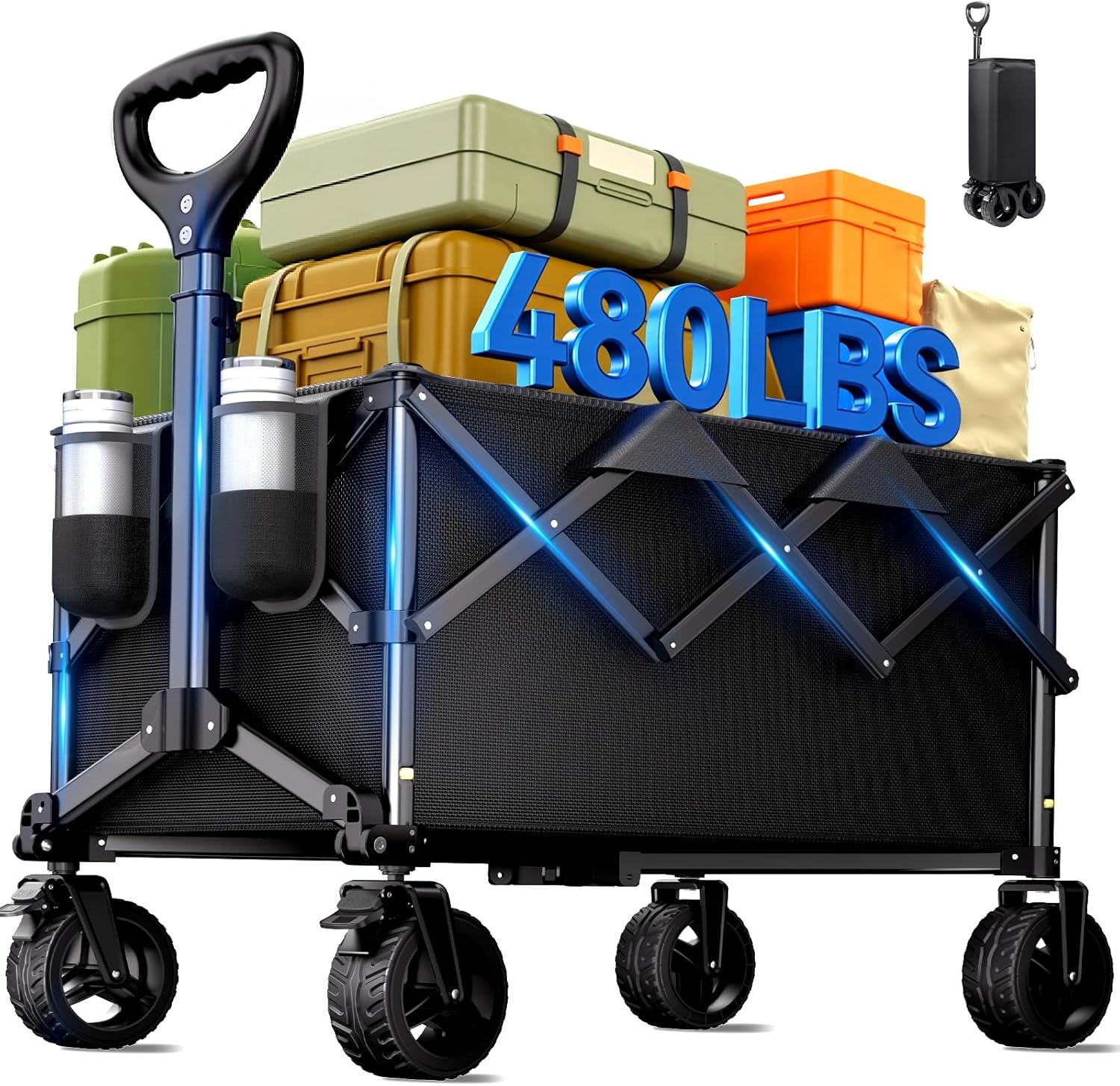 Black collapsible wagon cart with all-terrain wheels